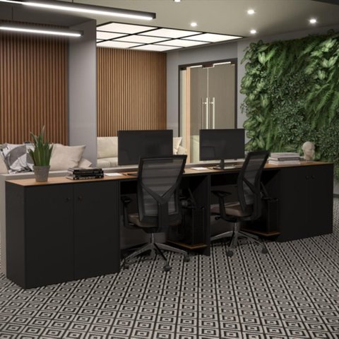 Conjunto de Escritório 4 Peças Noruega Office 2 Mesas e 2 Aparador Buffet - Via Nossa - Preto e