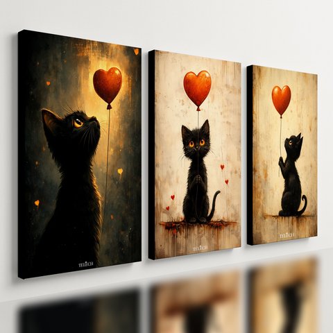 Kit3 Quadro Decorativo Gato Coração Quarto Casa Sala Moderno Qualidade Premium 40x28cm