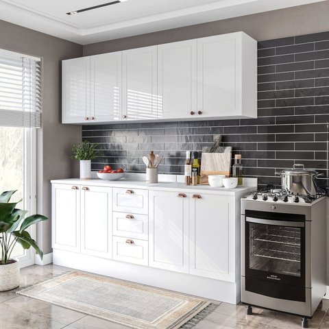 Cozinha Pérola com Rodapé e Tampo Aéreos com 5 Portas, Balcão 2 Gavetas 3 Portas e Balcão 2 Portas Yescasa Branco