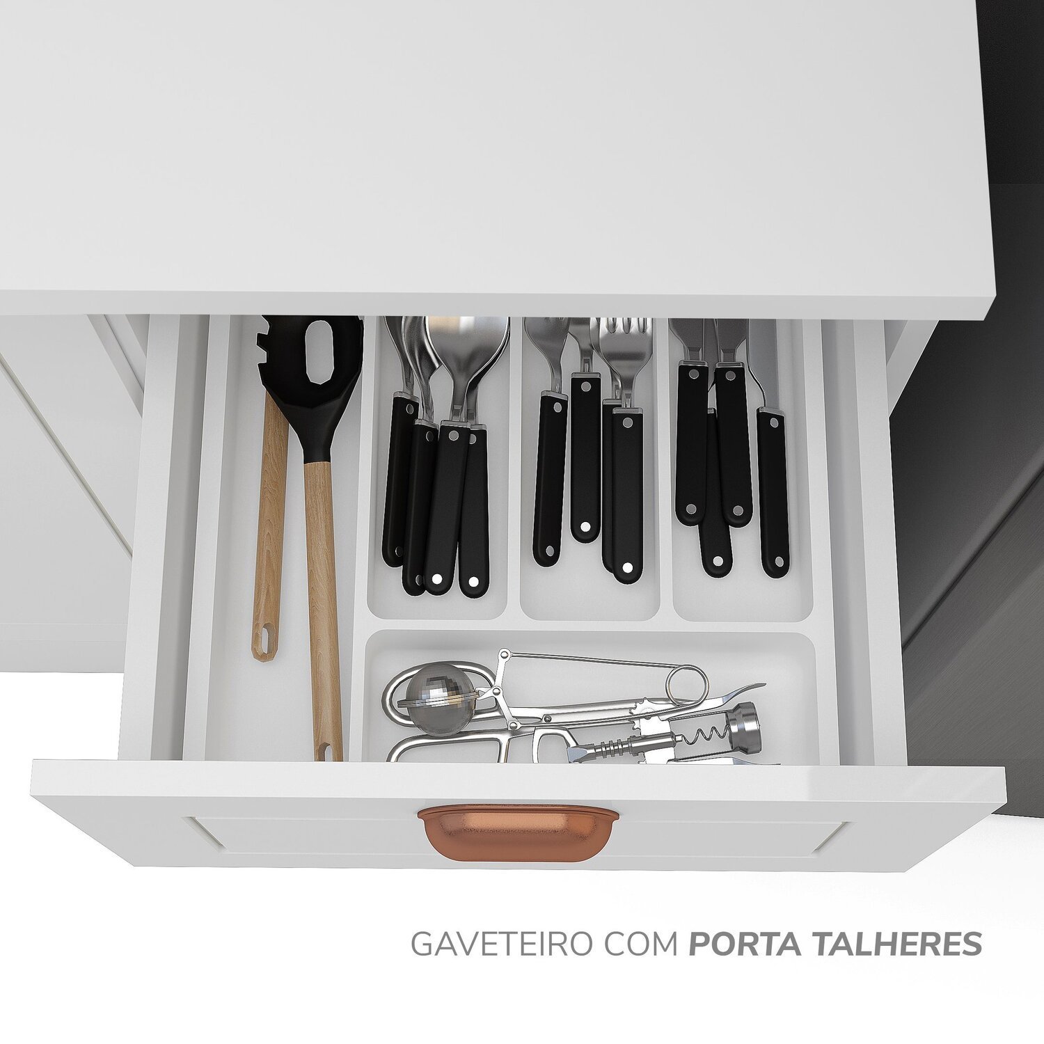 Cozinha Pérola com Rodapé e Tampo Aéreos com 5 Portas, Balcão 2 Gavetas 3 Portas e Balcão 2 Portas Y - 10