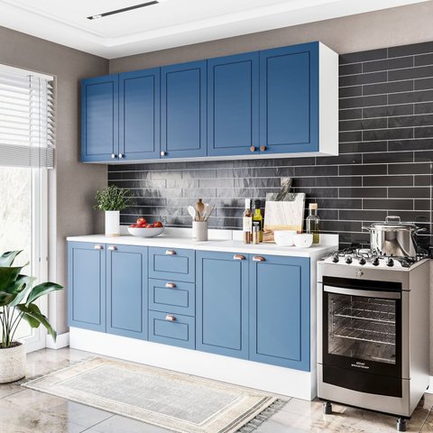 Cozinha Pérola com Rodapé e Tampo Aéreos com 5 Portas, Balcão 2 Gavetas 3 Portas e Balcão 2 Portas Y