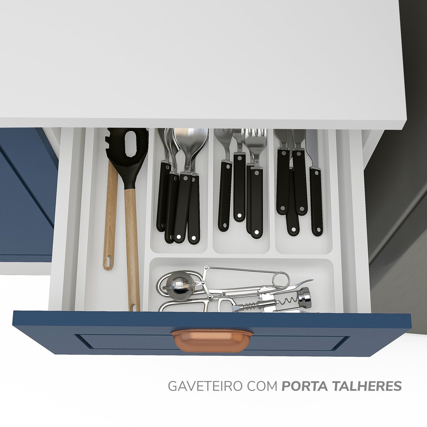 Cozinha Pérola com Rodapé e Tampo Aéreos com 5 Portas, Balcão 2 Gavetas 3 Portas e Balcão 2 Portas Y - 10