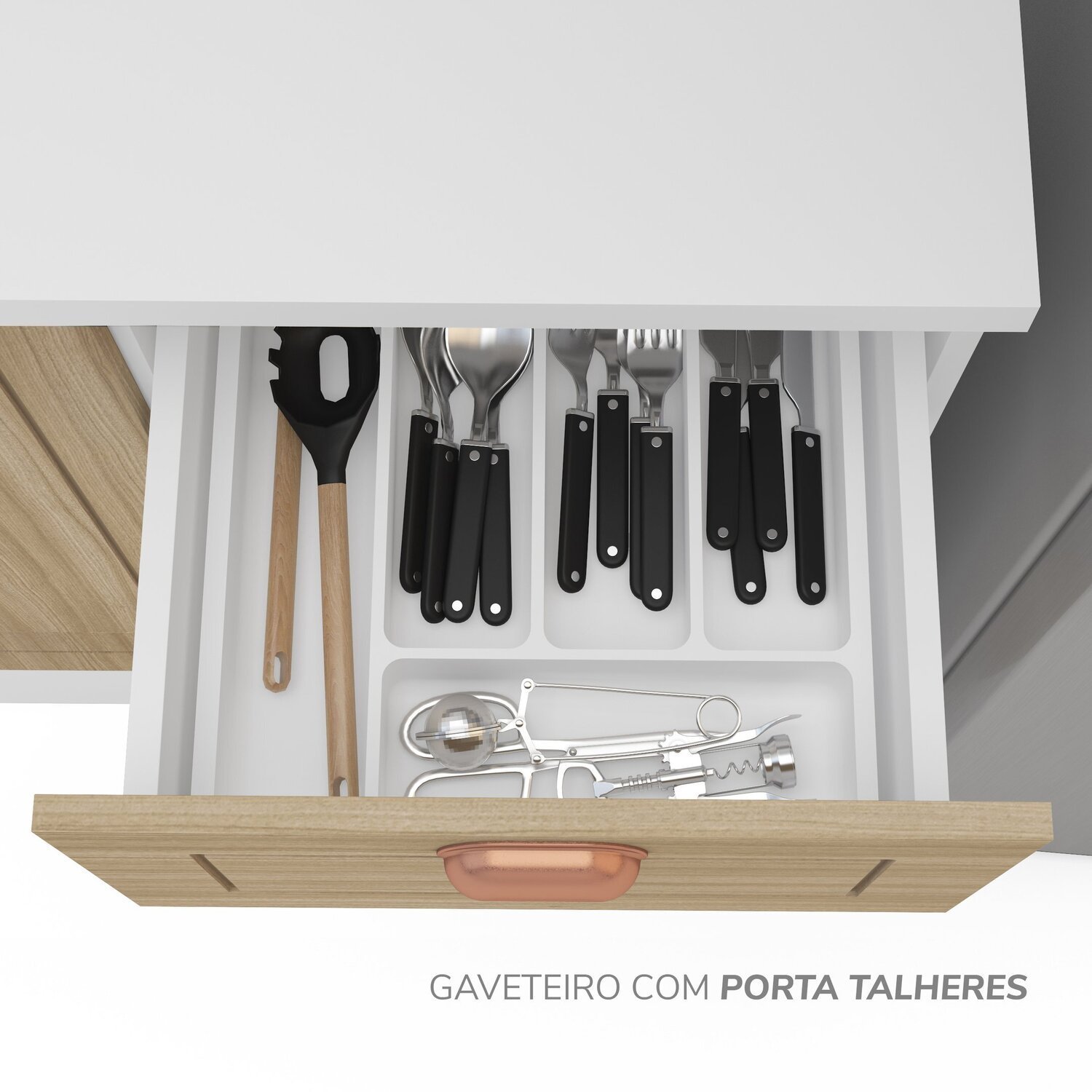 Cozinha Pérola com Rodapé e Tampo Aéreos com 5 Portas, Balcão 2 Gavetas 3 Portas e Balcão 2 Portas Y - 10