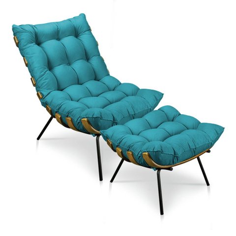 Kit Poltrona Costela com Puff para Sala Suede Azul Tiffany