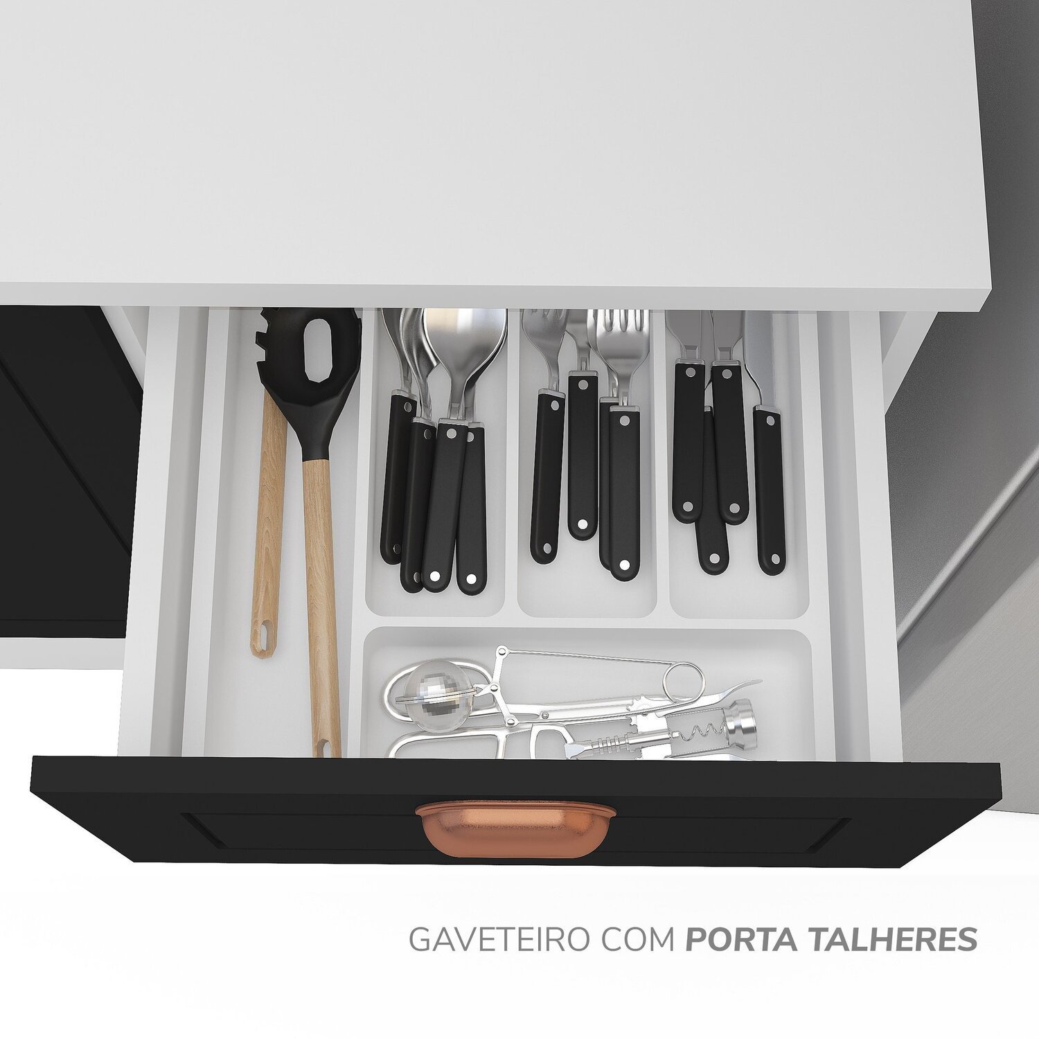 Cozinha Pérola com Rodapé e Tampo Aéreos com 5 Portas, Balcão 2 Gavetas 3 Portas e Balcão 2 Portas Y - 10