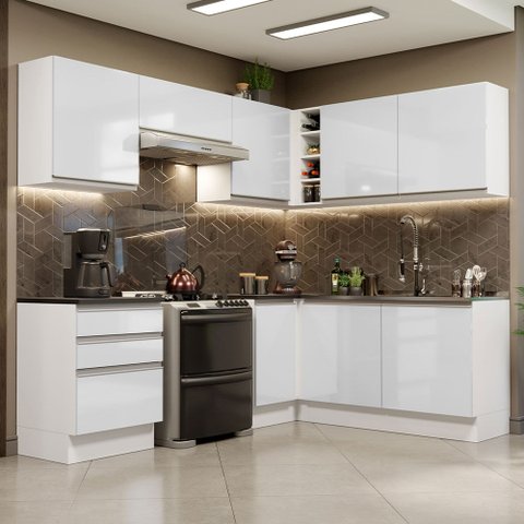 Cozinha Completa de Canto 100% MDF Madesa Acordes 409001 Armário e Balcão Frentes Branco Brilho Cor: