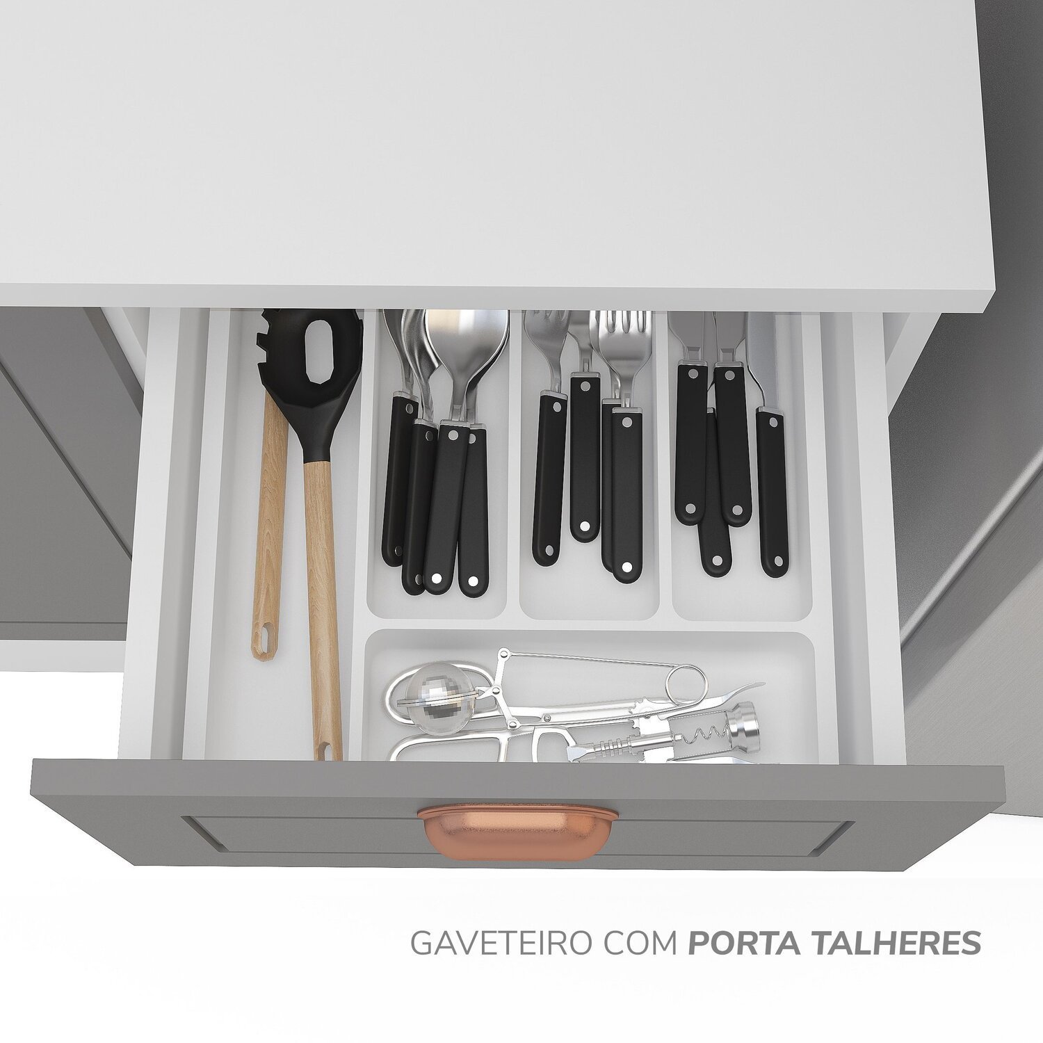 Cozinha Pérola com Rodapé e Tampo Aéreos com 5 Portas, Balcão 2 Gavetas 3 Portas e Balcão 2 Portas Y - 10