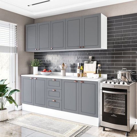 Cozinha Pérola com Rodapé e Tampo Aéreos com 5 Portas, Balcão 2 Gavetas 3 Portas e Balcão 2 Portas Yescasa Cinza/Branco
