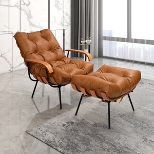 Poltrona de Ferro e Madeira, Estofada com Braço e Puff Estofado Costela Living Outdoor Espresso Móveis