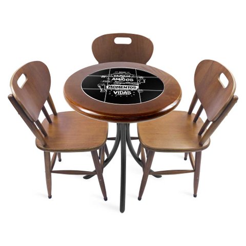 Cj Mesa Madeira Azulejo 60cm - Bistrô Fixa 78cm + 3 Cadeiras 43 - Natural - Família e Amigos
