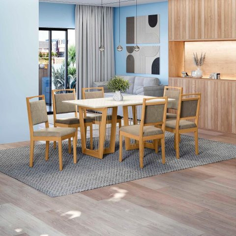 Conjunto Sala de Jantar Lina em Madeira Maciça 6 Cadeiras Linho Fendi
