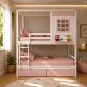 Ver imagem 1 de Beliche Infantil Casinha Reta 02 Gavetas Rosa Madeira Maciça Branco/ Rosa Megamobilia