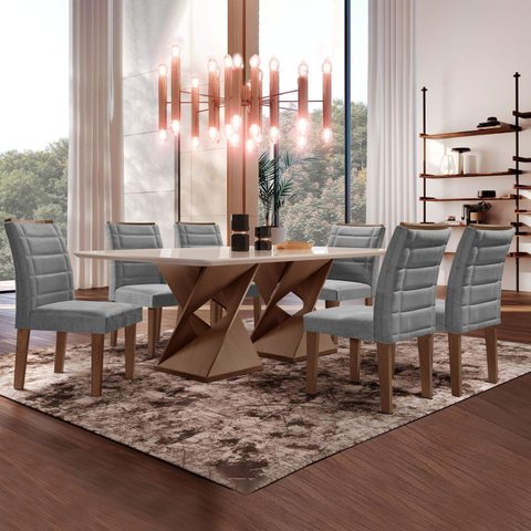 Conjunto Sala de Jantar Tampo 170x90cm Vidro/mdf Genova com 6 Cadeiras Smart Plus
