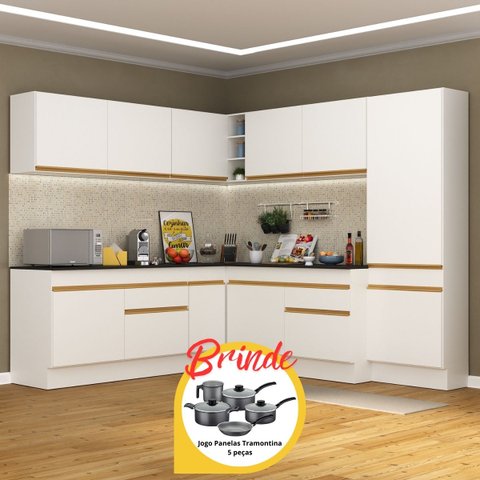 Armário Cozinha Completa Canto Veneza Mp2102 Multimóveis Branco + Brinde Jogo de Panelas Tramontina