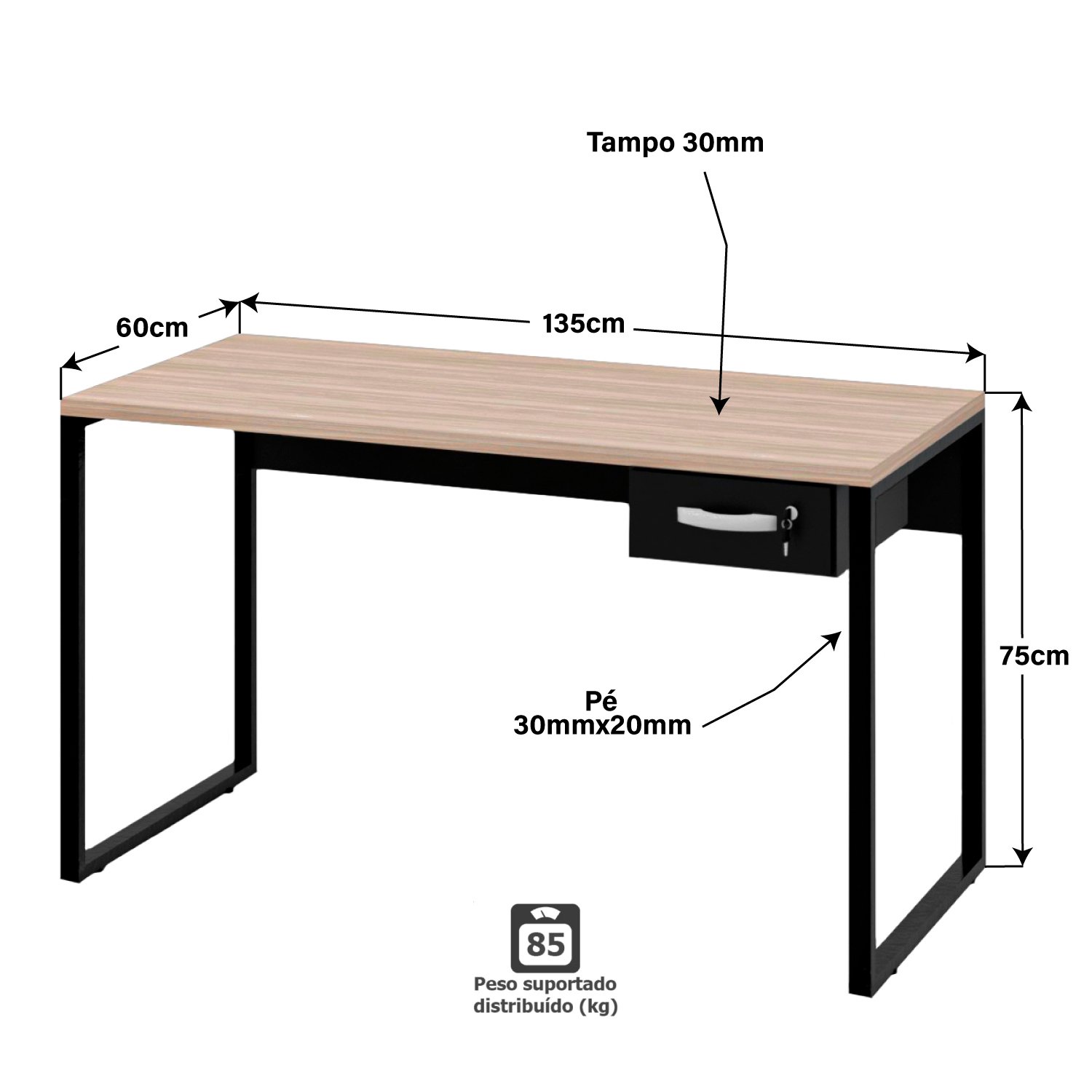 Mesa para Escritório Diretor Estilo Industrial 1,35m C/ Gaveteiro Netmobil - Dubai/preto - 4