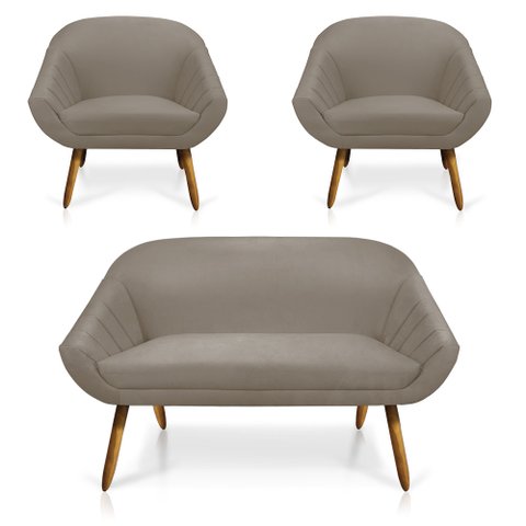 Kit 01 Namoradeira 02 Lugares e 02 Poltronas Giovana Suede Pés Palito Castanho - D’Rossi - Marrom Ra
