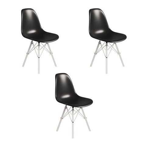 Conjunto 3 Cadeiras Eames Tubo Ferro Branco Assento Preto