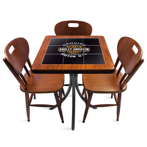 Cj Mesa Madeira Azulejo 60x60cm - Bistrô Fixa 78cm + 3 Cadeiras 43 - Natural - Harley Davidson Genui