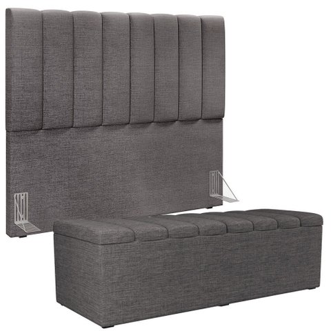 Kit Cabeceira Cama Box Casal 140cm Calçadeira Recamier Baú Dália W01 Linho Cinza Escuro - Lyam