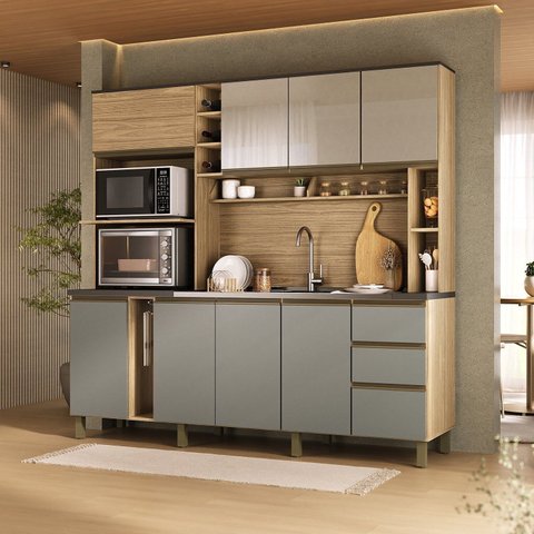 Cozinha 205cm MDF 15mm com Portas de Vidro Érica Bege/Amendoa/Acqua