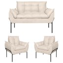 Ver imagem 1 de Kit 02 Poltronas + Namoradeira Pé Metal Preto Recepção Sala Cor:bege
