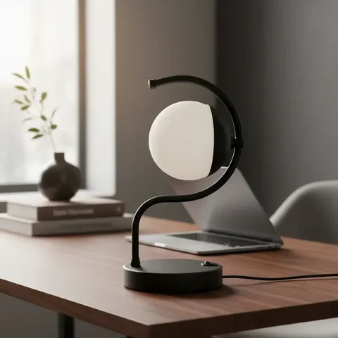 Abajur de Mesa Curvado Moderno Preto com Globo 10cm Lâmpada Branco Quente Decoração Sala Casa Quarto