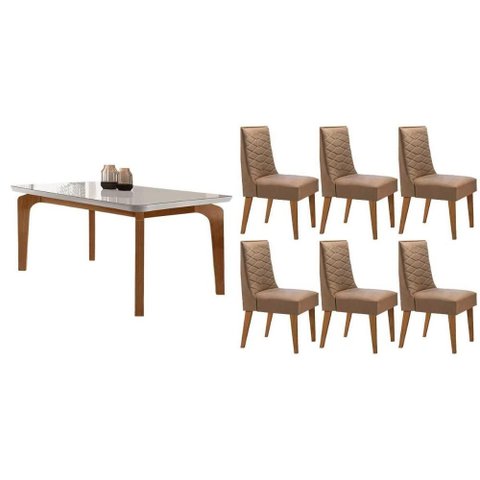 Conjunto: Mesa Sala Jantar Londrina Tampo c/ Vidro Curvo 180cm+6 Cadeiras Dafne Madeira Naturale/Off