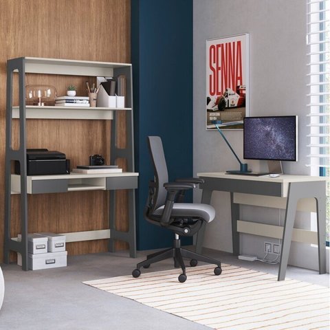 Conjunto Escritório Home Office Primazzia 02 Peças Escrivaninhas com Estante Grafite Off White Cinza