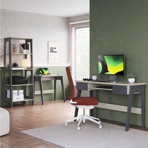 Conjunto Escritório Home Office Primazzia 03 Peças Escrivaninhas com Estante Grafite Off White Cinza