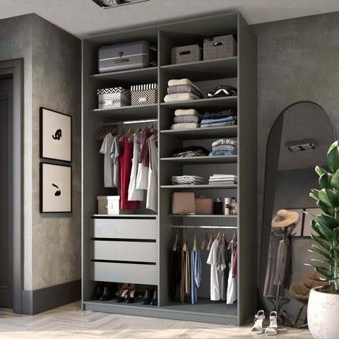 Closet Solteiro 100% MDF BP 139,5cm 3 Gavetas Sion Cinza/Urbi