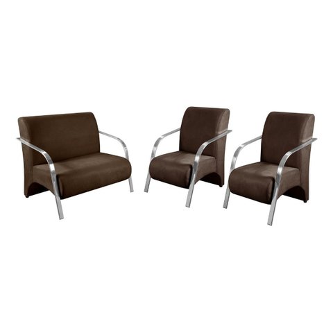 Conjunto Sevilha 2 Poltronas + 1 Namoradeira Braço Metal Decoração Recepção Sala - Veludo Marrom