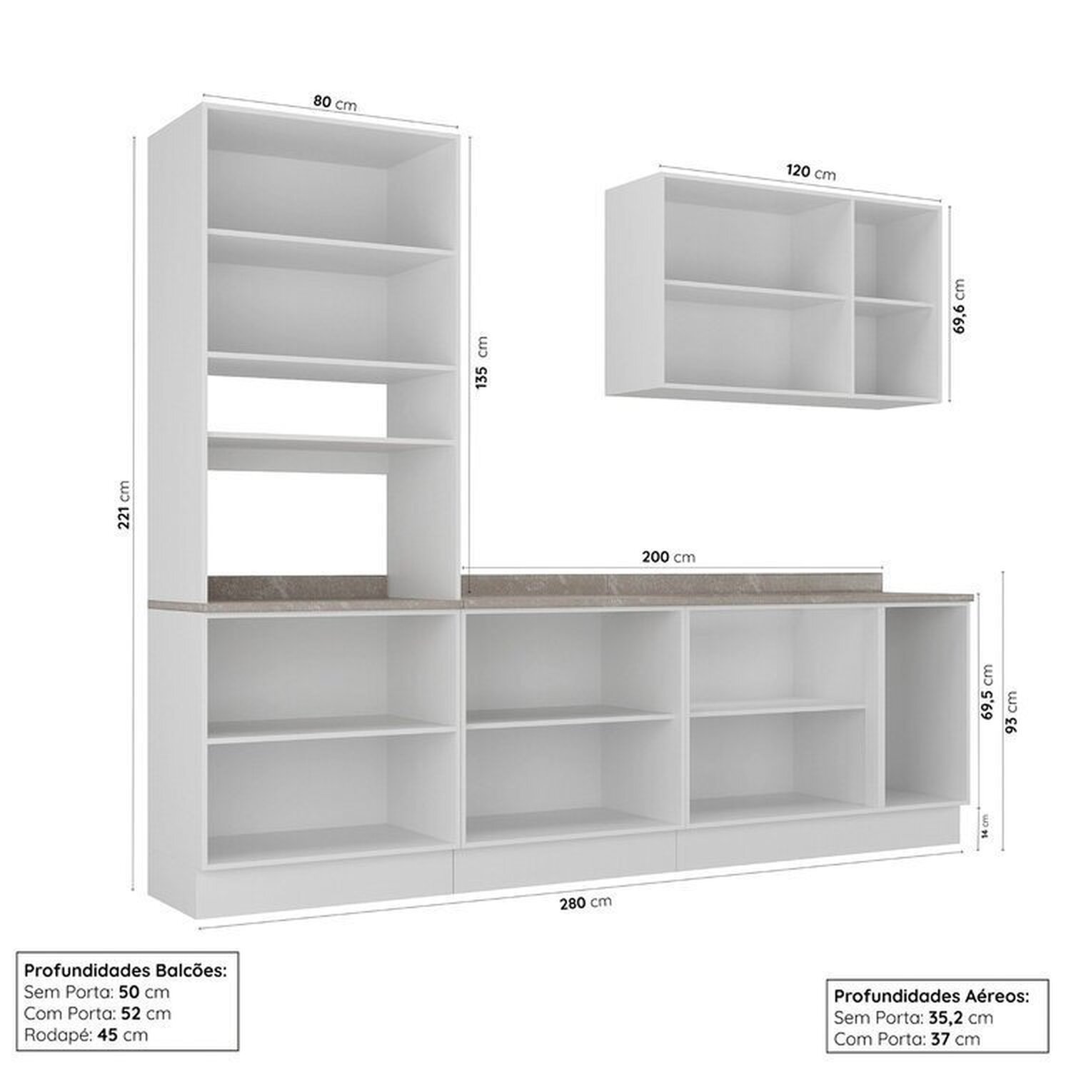 Cozinha Modulada 4 Peças 1 Torre Microondas 1 Aéreo 2 Balcões Arizona Cabecasa Madeiramadeira - 3