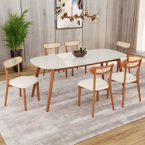 Conjunto Sala de Jantar Mesa 180x80cm Tampo em MDF com Vidro 6 Cadeiras Ceci Yescasa Marrom/Off Whit
