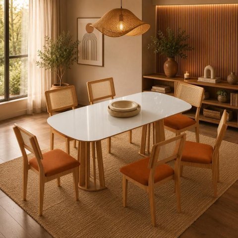 Mesa de Jantar Dalla Costa 6 Lugares Tampo MDF Off White com Freijó e Terracota 180cm Móveis