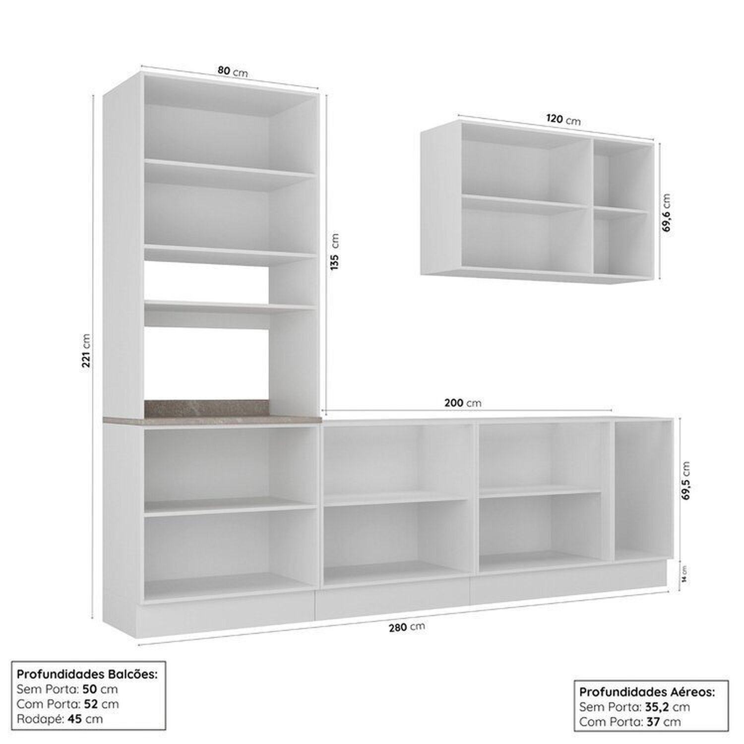 Cozinha Modulada 4 Peças 1 Torre Microondas 1 Aéreo 2 Balcões Arizona Cabecasa Madeiramadeira - 3