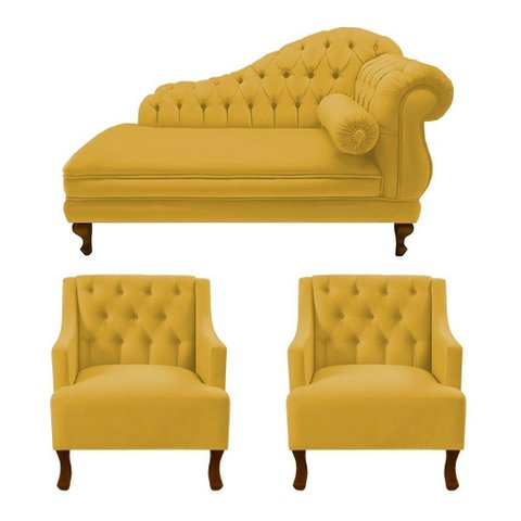 Divã Larissa 150 cm Esquerdo de quem senta e 2 Poltronas Genesis Suede Amarelo - LM DECOR
