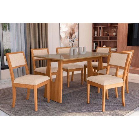 Mesa Cozinha Mila Premium Madeira Maciça C/ Tampo Madeirado C/ Vidro 160x90cm e 6 Cadeiras Alice