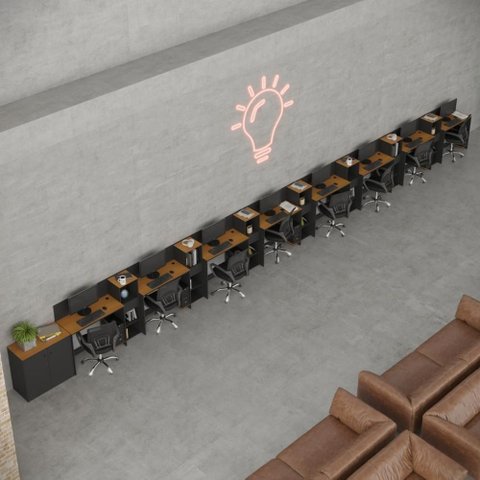 Conjunto de Escritório Noruega 7 Livreiro 1 Buffet e 8 Mesas 90cm - Via Nossa - Preto e Cedro