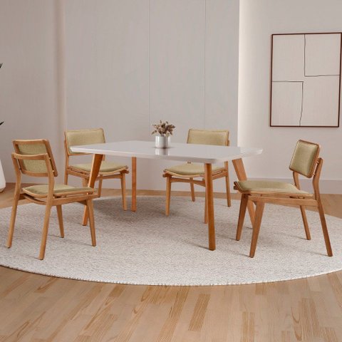 Sala de Jantar Mesa Malta 120cm Tampo Laqueado com Vidro Canto Moeda e 4 Cadeiras Eva