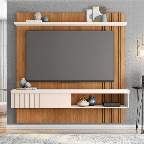 Painel Tv 65 Pol 180cm Bancada Suspensa Ripado Luana Freijó/off White C01 - D’Rossi