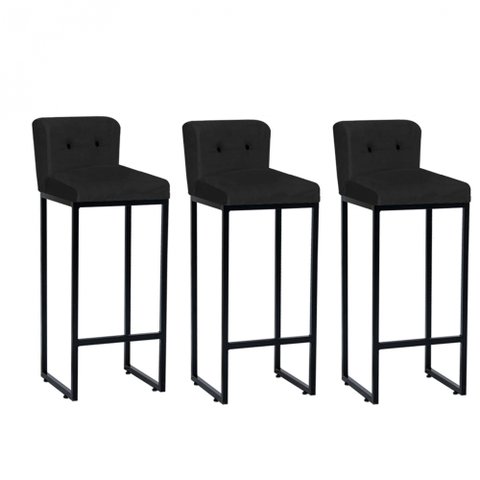 Kit 03 Banqueta Alta C/ Encosto Lucca Industrial Cozinha Balcão Ferro Preto Botão Preto Corino