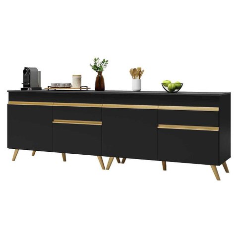 Kit Armário de Cozinha Gabinete Pia 120cm Veneza Multimóveis Mp2159 Preto/dourado