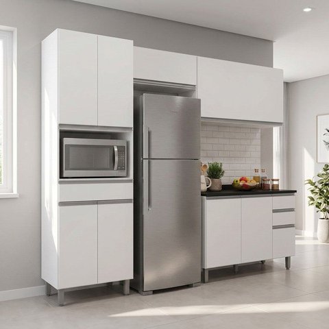 Cozinha Completa 8 Portas 4 Gavetas 270cm Top Class Branco Brilho