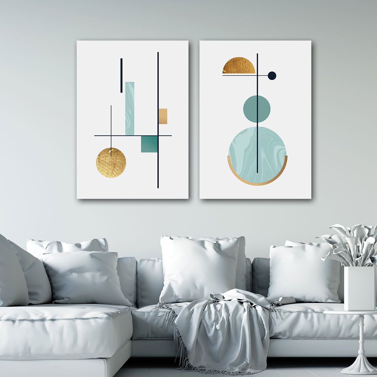 Conjunto Quadros Decorativos para Sala Quarto Geométricos Azul em Tecido Canvas - 3