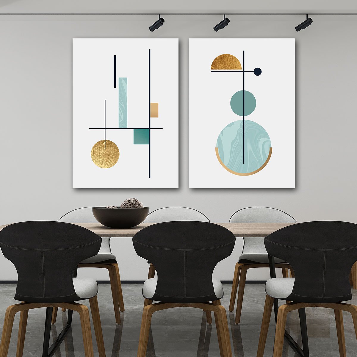 Conjunto Quadros Decorativos para Sala Quarto Geométricos Azul em Tecido Canvas