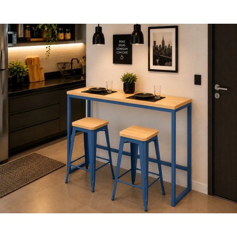 Mesa Jantar Aparador Bancada Alta Industrial 180x80cm Tampo Bege Pés Azul
