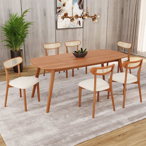 Conjunto Sala Jantar Mesa 180x80cm 6 Cadeiras Tampo MDF Laminado Madeira Maciça Ceci Natural Yescasa