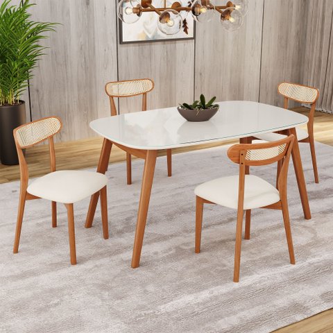 Conjunto Sala de Jantar Mesa 135x80cm Tampo em MDF com Vidro 4 Cadeiras Ceci Yescasa Marrom/Off Whit
