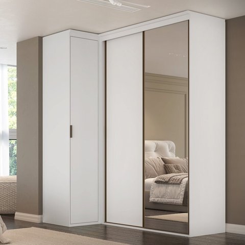 Guarda-roupa de Canto 100% MDF Porta de Correr com Espelho 3 Portas Spacios