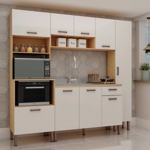 Cozinha Modulada Alta 4 Peças 100% MDF Bege/Freijo/Branco